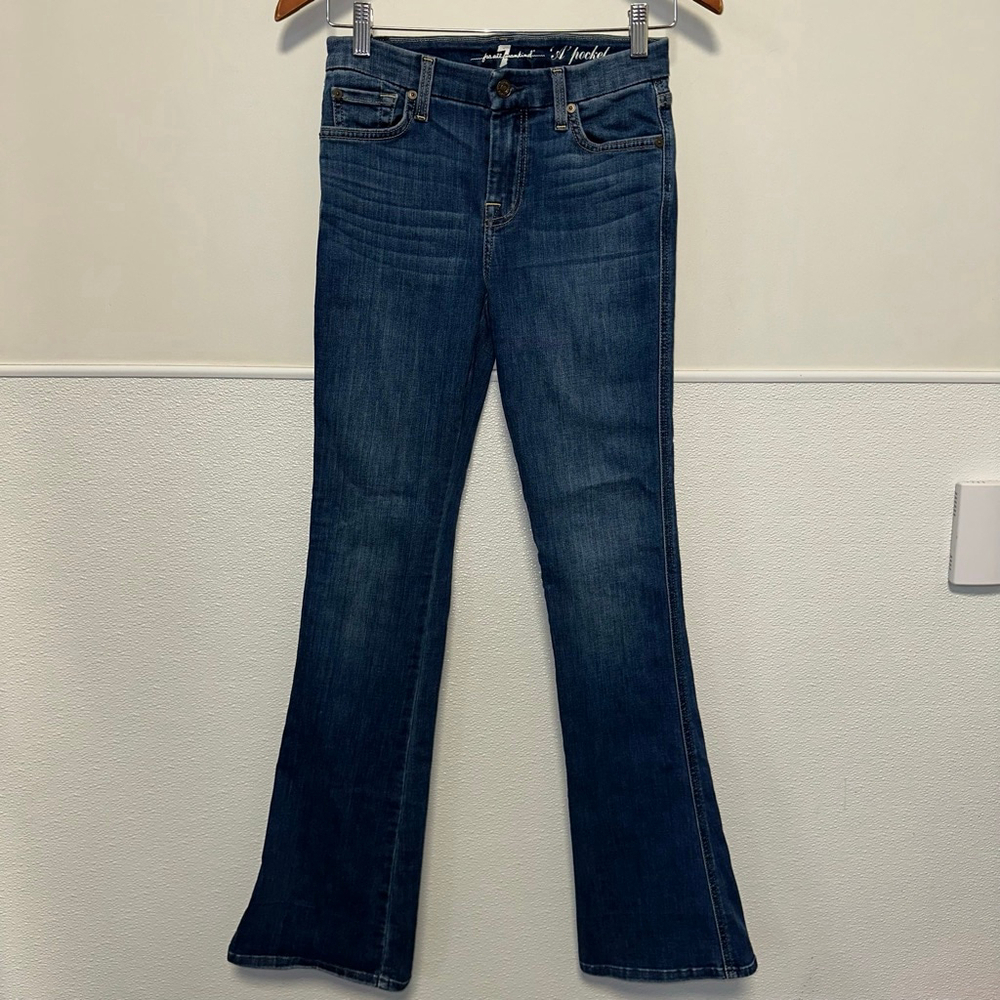Women's 7 For All Mankind Blue Gold Stitch A Pocket Flare Jeans Size 26 - Picture 12 of 16